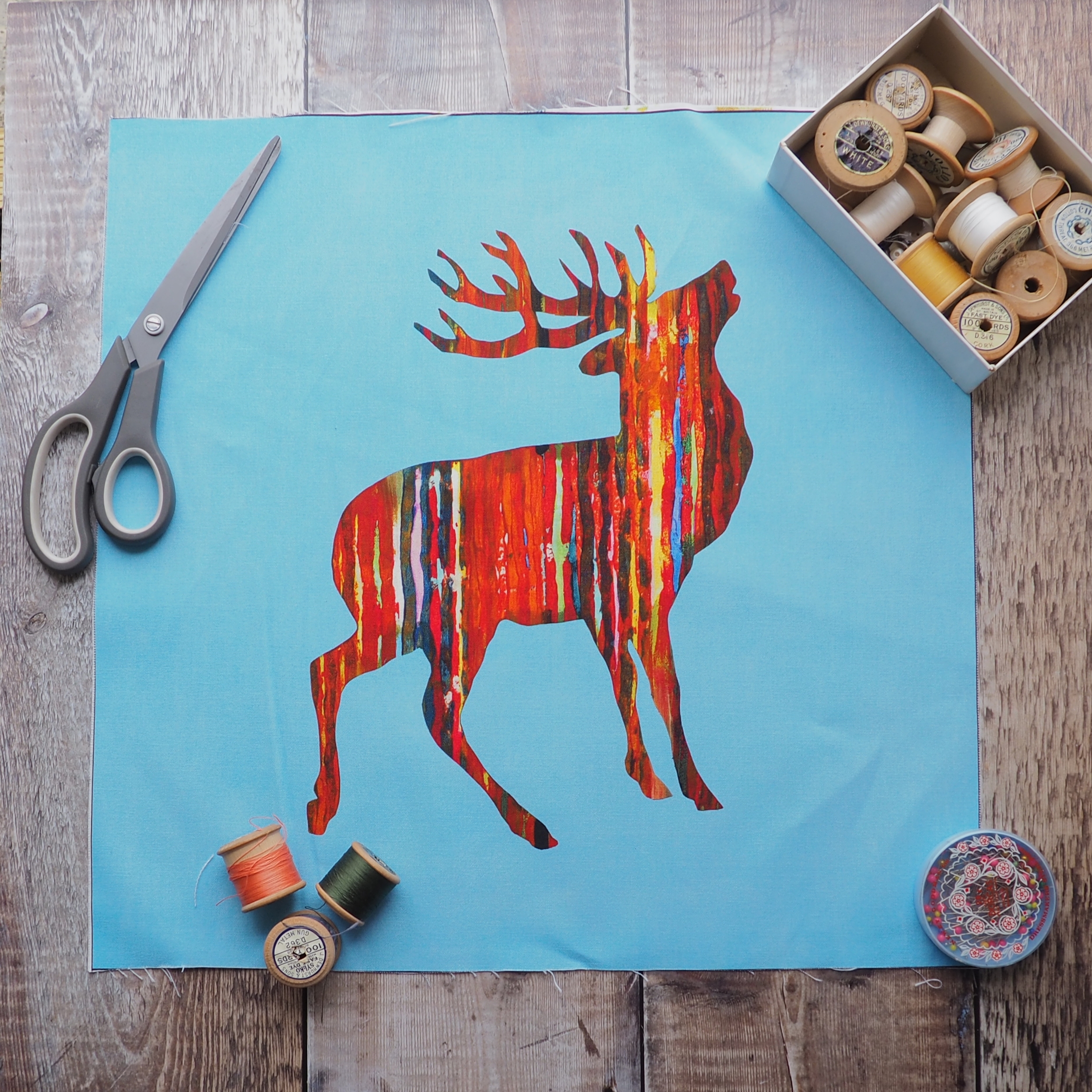 COTTON CUSHION /BAG PANEL- sew your own - BROWN STAG ON BLUE (SP23)