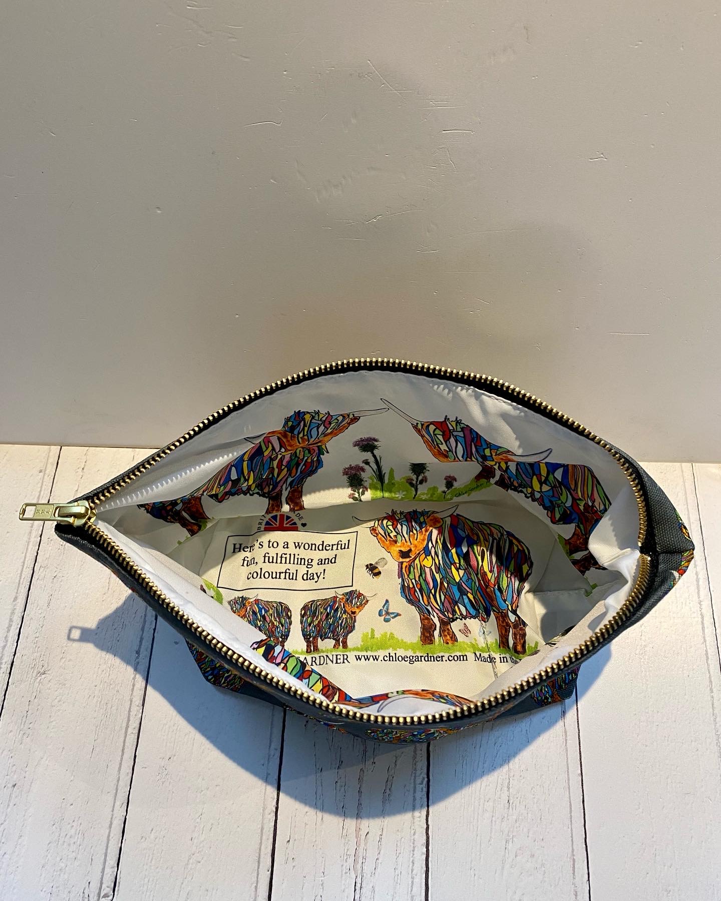 Washbag 2 - Bright Highland Cow on Grey design - printed nylon inside to surprise you & make you smile!