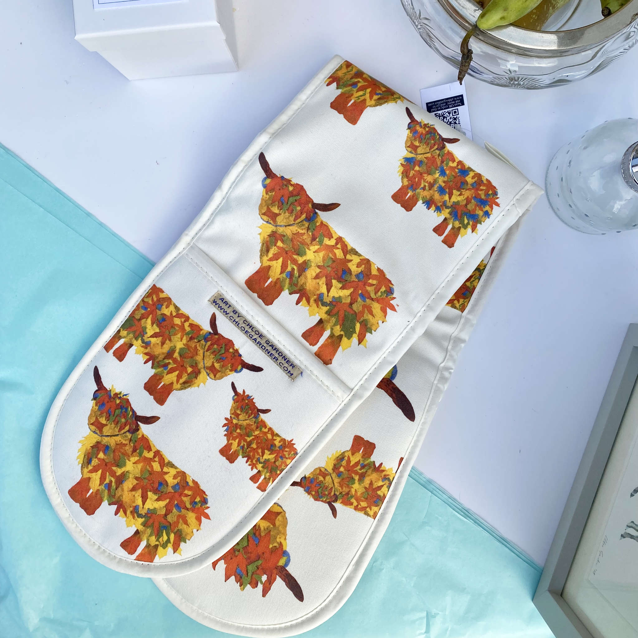 Highland Cow Oven Gloves with Leaf Cow design