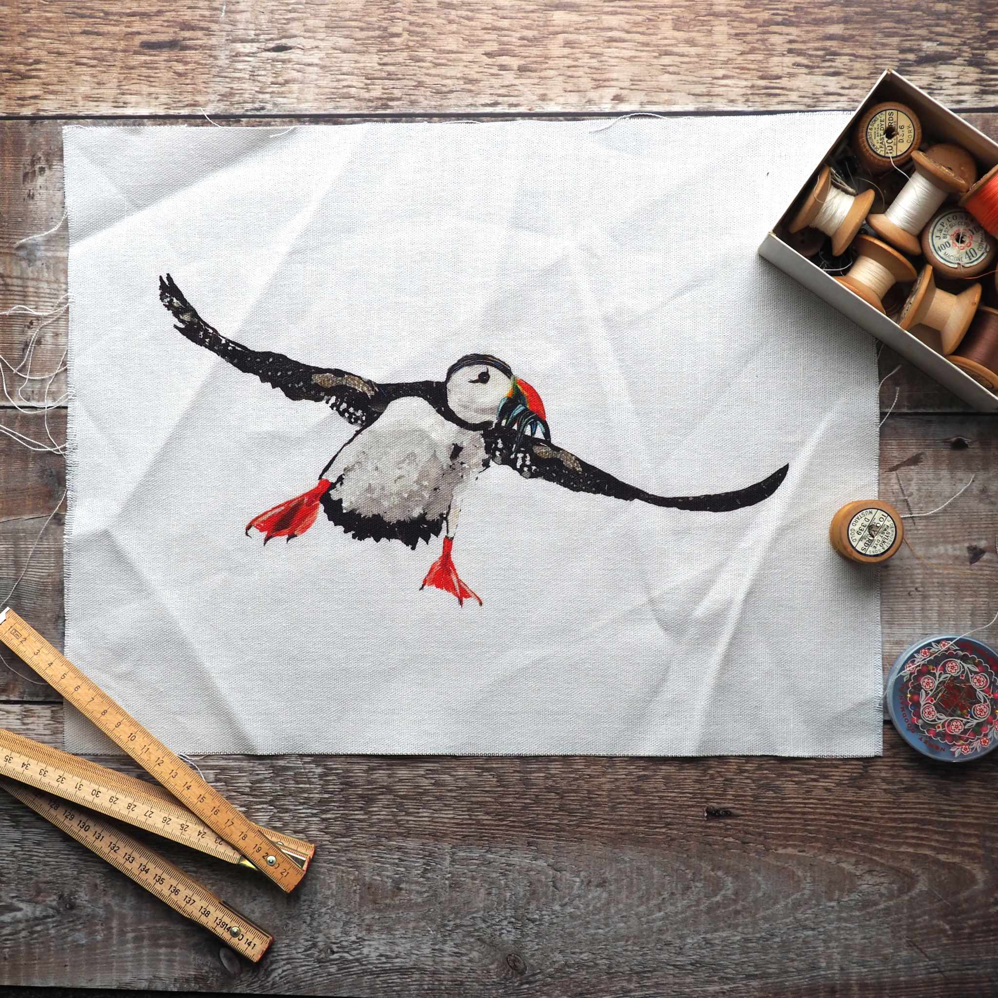 LINEN CUSHION /BAG PANEL- sew your own - FLYING PUFFIN (SP23)