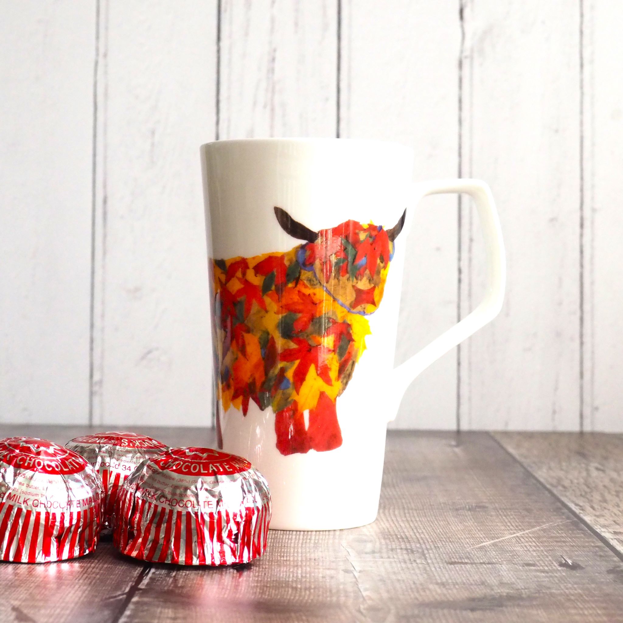 leaf cow latte mug with teacakes