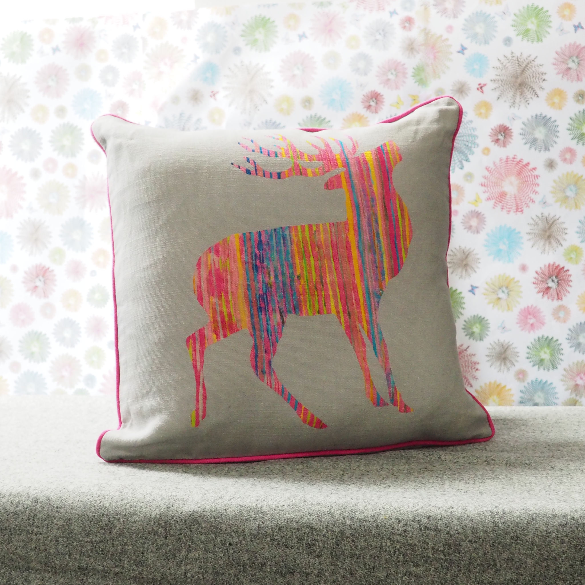 Pink Stag on Grey Cushion by Chloe Gardner