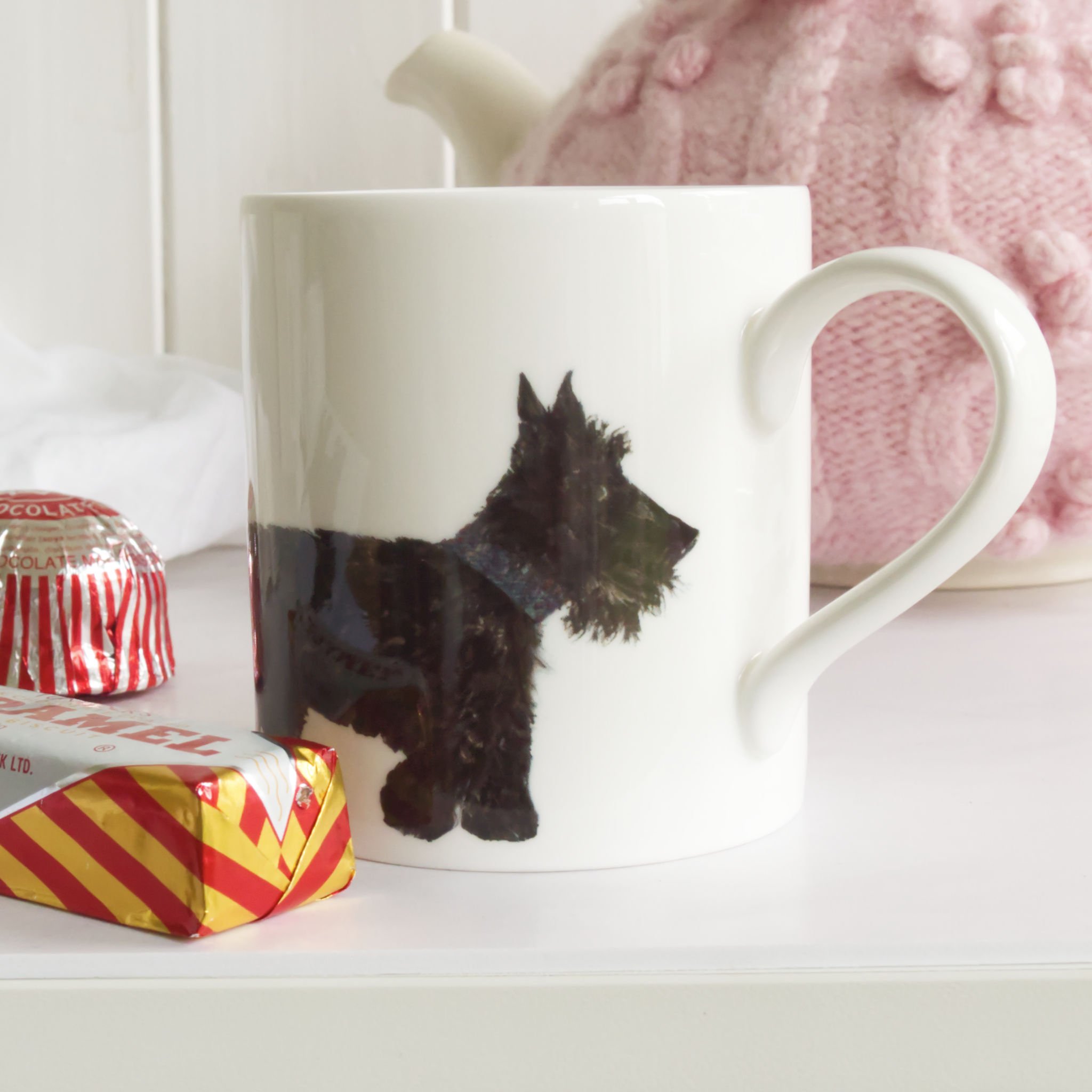 Scottie Dog China Mug by Chloe Gardner Scottie Dog China Mug by Chloe Gardner with Teacakes and a pink Teapot