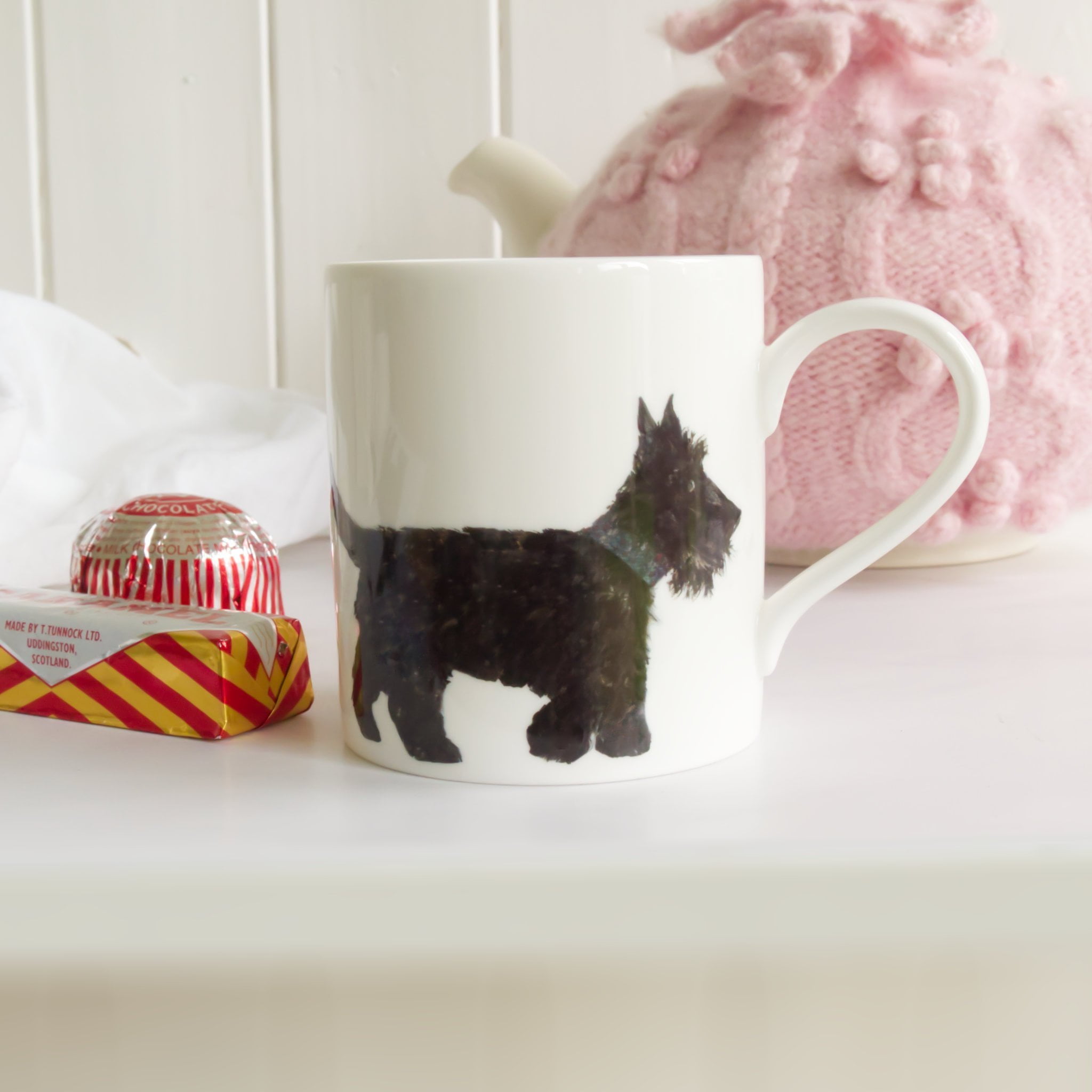 Scottie Dog China Mug by Chloe Gardner with Teacakes and a pink Teapot