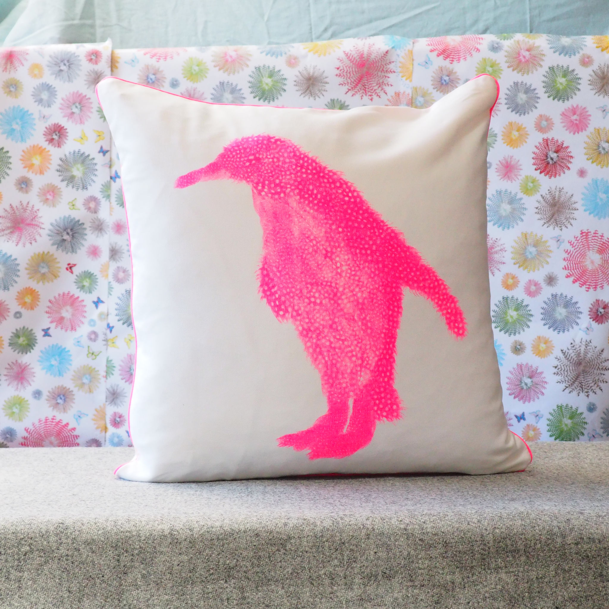 SQUARE CUSHION - Fluoro pink Penguin Facing Left (Fluoro Pink Piping) (Avail R22F0 04/25)