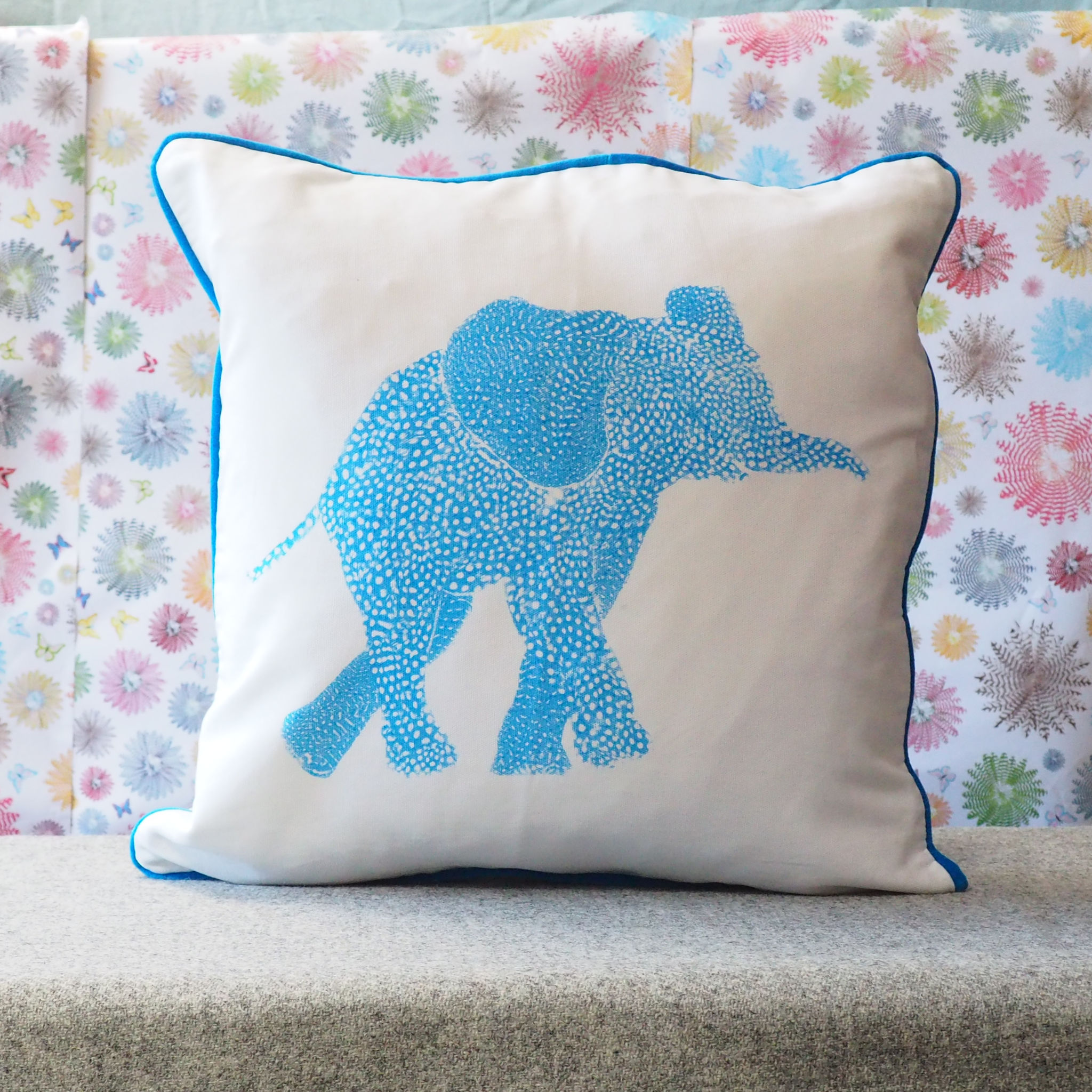 SQUARE CUSHION - Fluoro blue Elephant Facing Right  (Avail R3F15 04/25)