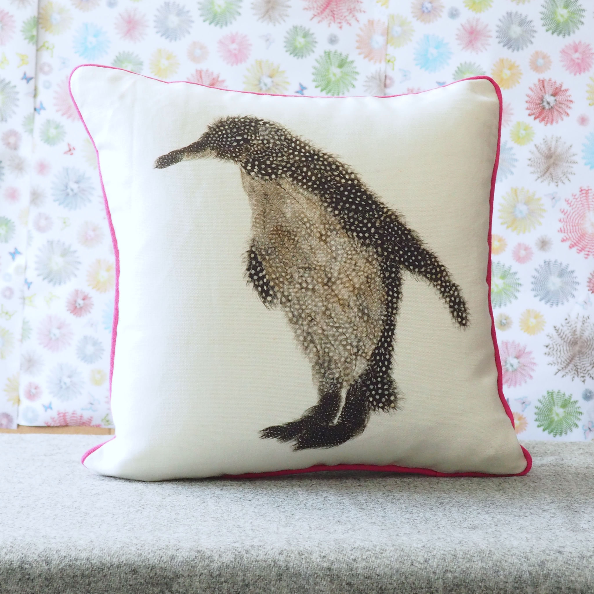SQUARE CUSHION - Penguin Facing Left with Pink Trim (Avail R4F0; 5/24)