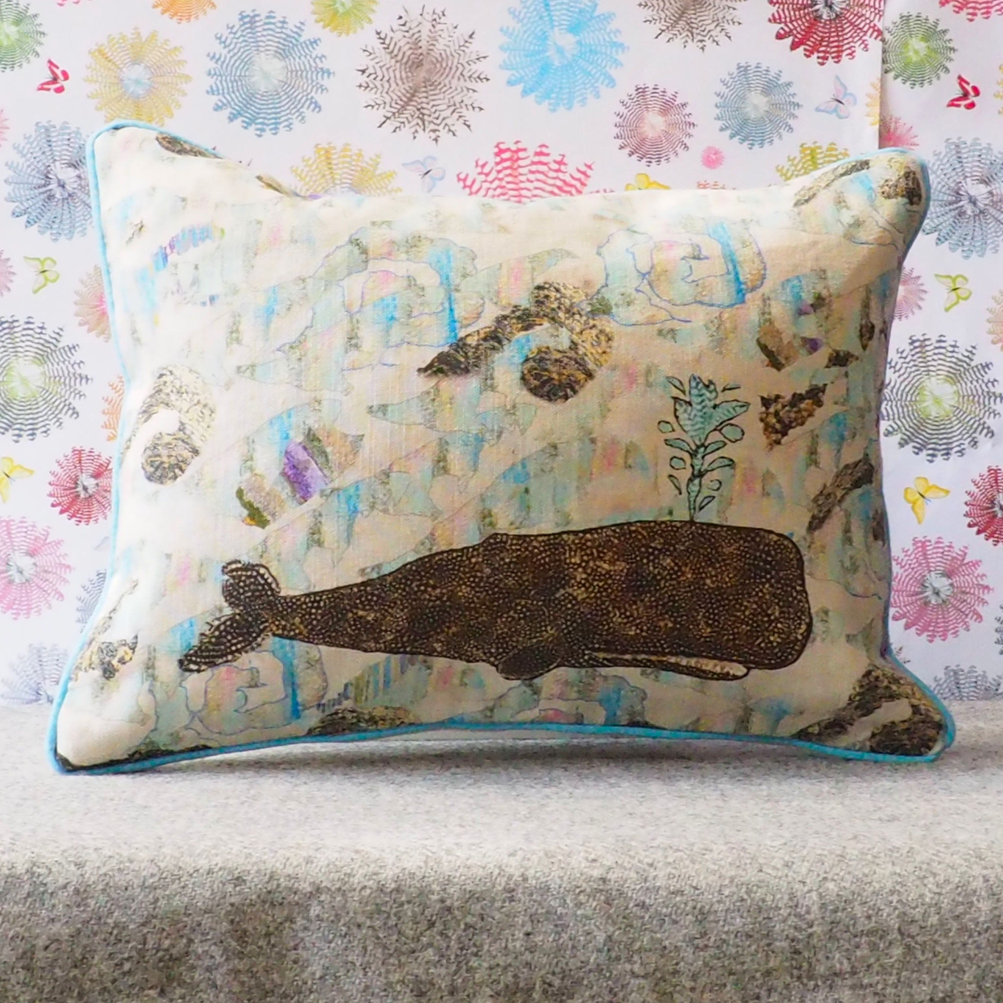 RECTANGULAR CUSHION - Whale on Waves (Blue Piping) (R1F16 04/25)