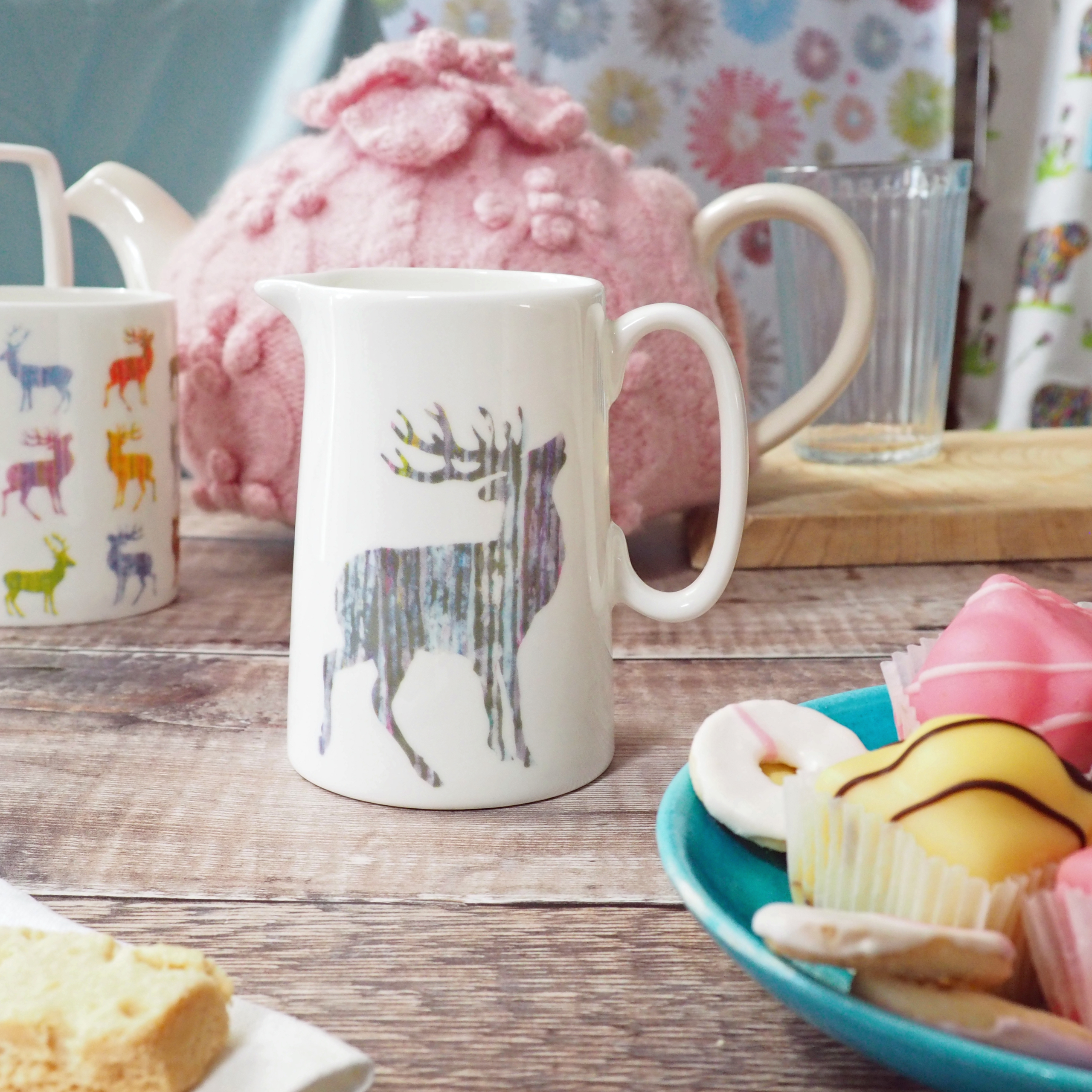 Single Silver Stag Jug in Half Pint Size made by Chloe Gardner on table set with teapot, matching Jug and afternoon cakes
